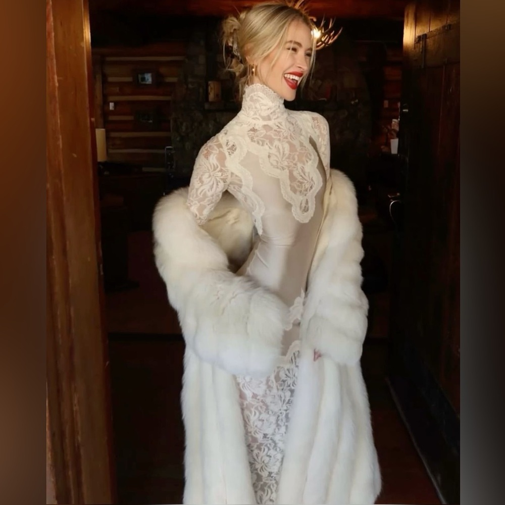 Elegant White Silk Lace Gown.